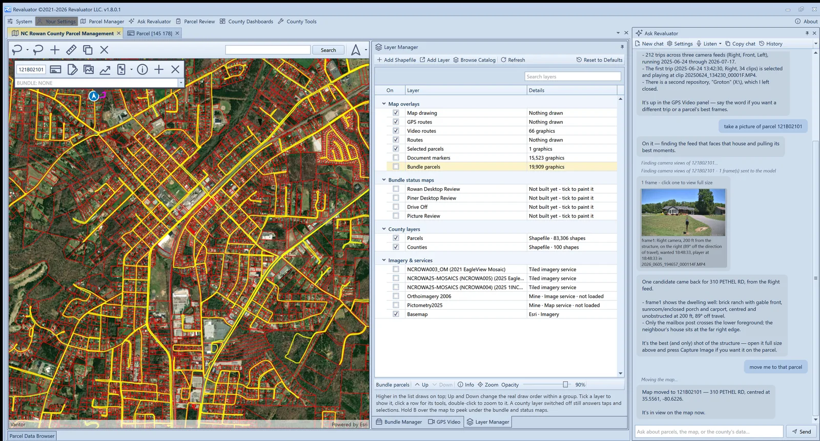 Ask Revaluator docked beside the map and Layer Manager, answering a request to photograph a parcel with a captured video frame and then moving the map to that parcel.