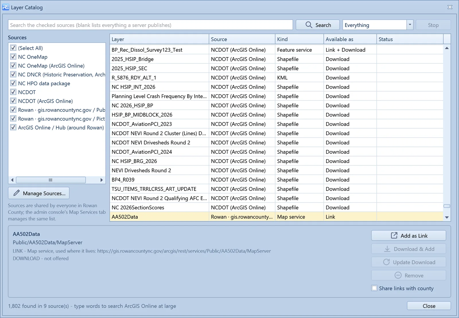 Layer Catalog dialog: nine checked sources on the left, a grid of 1,802 layers with source, kind and availability, and a detail band for the selected map service with Add as Link, Download and Add, Update Download and Remove buttons.