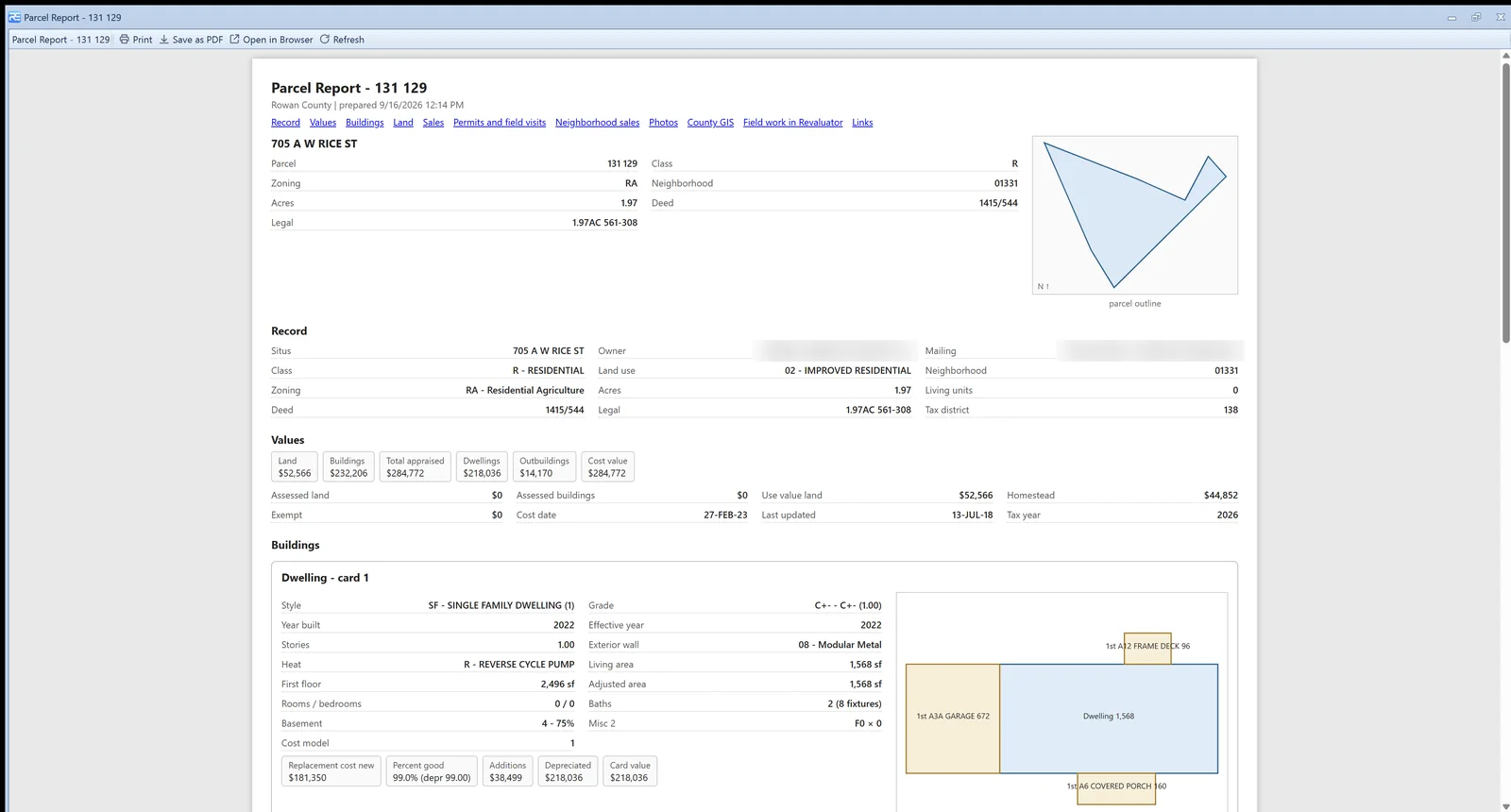 Parcel Report window: a report page with the parcel outline, record facts, a values band, and the first dwelling card with its cost chain and a drawn sketch. Owner and mailing details obscured.
